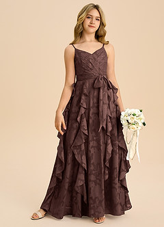 Azazie Peyton Junior Espresso A-Line Pleated Floral Burnout Dress image6