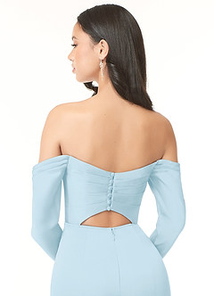 Azazie Hallie Bridesmaid Dresses Sky Blue Sheath Off-The-Shoulder Long Sleeve Stretch Satin Convertible Dress image7