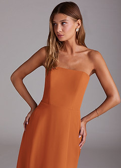 Azazie Wren 신부 들러리 드레스 A라인 스트랩리스 쉬폰 티 길이 드레스 image5