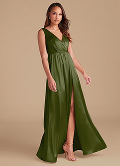 Azazie Tanicia Bridesmaid Dresses Olive A-Line Pleated Metallic Satin Dress image4