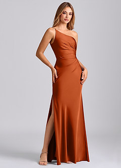 Azazie Marseli Bridesmaid Dresses Burnt Orange Mermaid One Shoulder Stretch Satin Dress image4