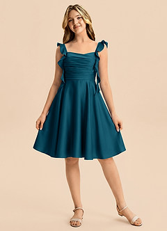 Azazie Kira Junior Ink Blue A-Line Ruched Stretch Satin Dress image6