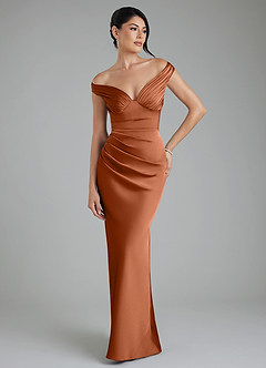 Azazie Stella Robes de demoiselle d'honneur Robe Fourreau Convertible en Satin extensible Corset Cuivre image1
