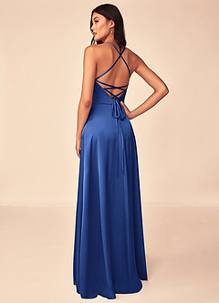 Azazie Mei Bridesmaid Dresses Royal Blue A-Line V-Neck Stretch Satin Dress image2