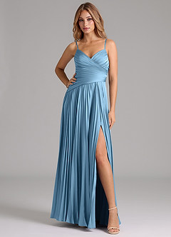 Azazie Vini Brautjungfernkleider A-Linie Plissee Stretch-Satin Kleid Stahlblau image3
