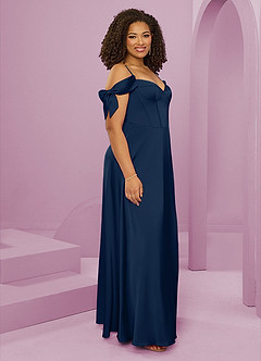 Barbie ♥ Azazie Jurken voor bruidsmeisjes Jurk van Stretch Satijn met A-Lijn Off the Shoulder Donkere Marine image5
