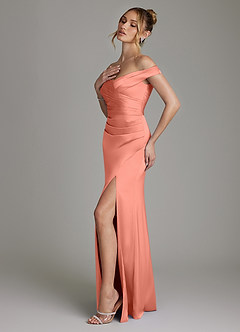 Azazie Teyana Bridesmaid Dresses Salmon Pink Sheath Off the Shoulder Stretch Satin Dress image6