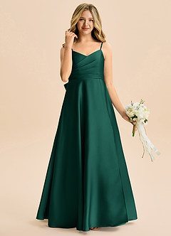 Azazie Rumi Junior Abito A-Line in Raso Elasticizzato Plissettato Smeraldo image4