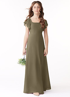 Azazie Bondi Junior Willow Green A-Line Bow Chiffon Dress image2