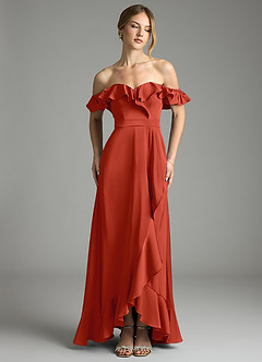 Azazie Lyra Bridesmaid Dresses Rust A-Line Off the Shoulder Stretch Satin Convertible Dress image1