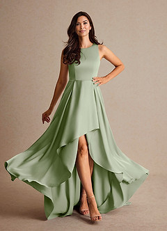 Azazie Niles Mother of the Bride Dresses Dusty Sage A-Line Trains Stretch Satin Dress image2