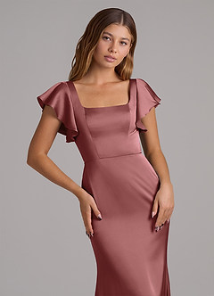 Azazie Elkie 신부 들러리 드레스 인어 스퀘어 네크라인 스트레치 새틴 바닥 길이 드레스 image6