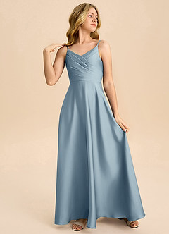 Azazie Bug Junior Abito A-Line in Raso Elasticizzato Plissettato Blu Polveroso image4