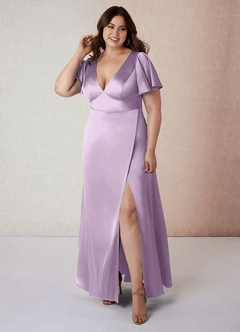 Azazie Lani Bridesmaid Dresses Frosted Lilac A-Line Flounce Sleeve Stretch Satin Dress image8