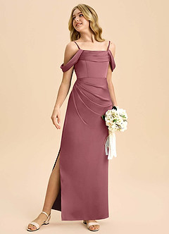 Azazie Saige Junior Desert Rose Sheath Off the Shoulder Stretch Satin Dress image5