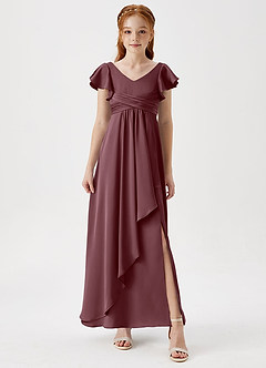Azazie Omari Junior Sangria A-Line Pleated Stretch Satin Dress image4