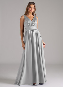 Azazie Kora 신부 들러리 드레스 A라인 주름진 스트레치 새틴 바닥 길이 드레스 image1