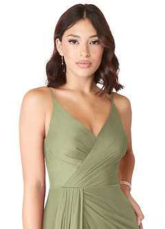 Azazie Evalin Final Sale Agave A-Line V-Neck Pleated Mesh Dress image5