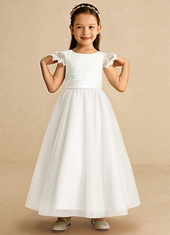 Azazie Pookie Flower Girl Dresses Ivory A-Line Lace Tulle Dress image3