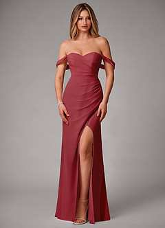 Azazie Haisley Bridesmaid Dresses Pomegranate Sheath Off the Shoulder Chiffon Convertible Dress image4