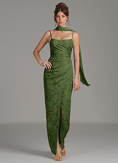 Azazie Calandra Robes de demoiselle d'honneur Robe Fourreau en Blumen-Burnout Plissée Olive image1