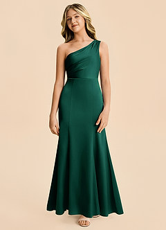 Azazie Ren Junior Emerald A-Line Pleated Stretch Satin Dress image5