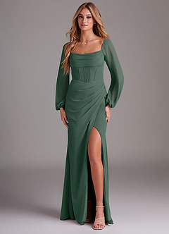 Azazie Charissa Bridesmaid Dresses Sea Moss Sheath Long Sleeve Chiffon Dress image1