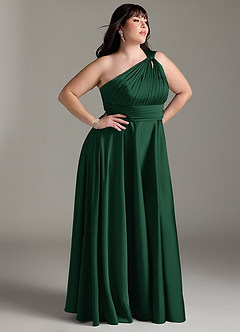 Azazie Charlize Bridesmaid Dresses Dark Green A-Line One Shoulder Stretch Satin Dress image12