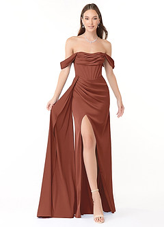 Azazie Amyra Bridesmaid Dresses Auburn Sheath Off the Shoulder Stretch Satin Convertible Dress image1