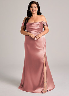 Azazie Saige Bridesmaid Dresses Dusty Rose Sheath Off the Shoulder Metallic Satin Convertible Dress image9