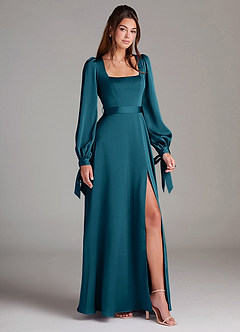 Azazie Leonia Robes de demoiselle d'honneur Robe Trapèze en Satin extensible Manche longue Bleu Encre image3