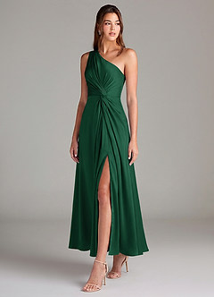 Azazie Brooke 신부 들러리 드레스 A라인 한쪽 어깨 스트레치 새틴 발목 길이 드레스 image3