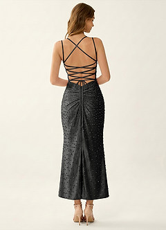 Annika Schwarz Maxikleid aus Stretch-Satin mit V-Ausschnitt, Perlenbesatz und Korsett-Design image2