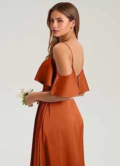 Azazie Jean Vestidos de damas de honor Vestido de Naranja Quemada de Satén Elástico de Corte en A con Vestidos sin tirantes image7