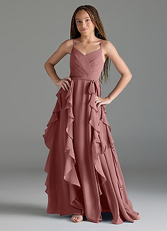 Azazie Peyton Junior Desert Rose A-Line V-Neck Cascading Ruffles Chiffon Dress image1