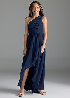 Azazie Mathilda Junior Robe Trapèze en Mousseline de soie Plissée Bleu Marine Foncé image4