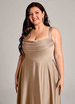 Azazie Shaude Bridesmaid Dresses Taupe A-Line Pleated Stretch Satin Dress image9