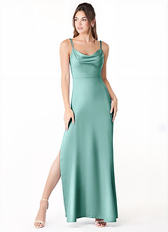 Azazie Alaija Vestidos de damas de honor Vestido de Aqua de Satén Elástico de Corte Sirena con Corte Lateral image2