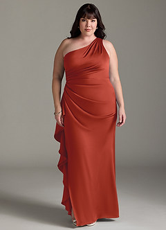 Azazie Latrice Bridesmaid Dresses Rust Sheath One Shoulder Cascading Ruffles Stretch Satin Dress image6