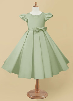 Azazie Jewel Flower Girl Dresses Dusty Sage Ball-Gown Pleated Matte Satin Dress image4
