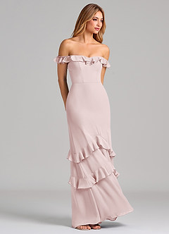 Azazie Marilynn Brudtärnklänningar Klä av Sjöjungfru i Chiffong Av axeln Rodnande Rosa image4