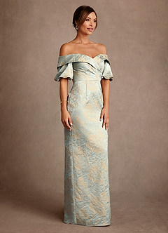 Azazie Golda Mother of the Bride Dresses Vintage Blue Sheath Off the Shoulder Jacquard Dress image4