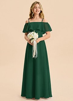 Azazie Maggie Junior Vestido Verde Oscuro de Gasa de Corte en A con Hombros descubiertos image4