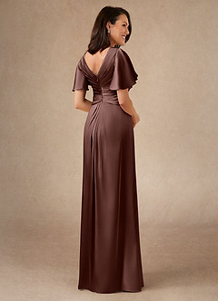 Azazie Emmeline Mother of the Bride Dresses Espresso A-Line Pleated Stretch Satin Dress image2