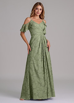 Azazie Dakota Bridesmaid Dresses Pistachio A-Line Off the Shoulder Floral Burnout Dress image4
