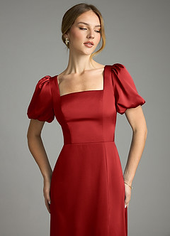 Azazie Fyona Abiti da Damigella Abito A-Line in Raso Elasticizzato Plissettato Melograno image6