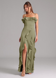 Azazie Malia Bridesmaid Dresses Pistachio A-Line Side Slit Stretch Satin Dress image1