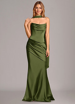 Azazie Pelagia Brudtärnklänningar Klä av Sjöjungfru i Stretch Satin Korsett Oliv Konvertibel image3