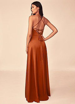 Azazie Mei Bridesmaid Dresses Burnt Orange A-Line V-Neck Stretch Satin Dress image4