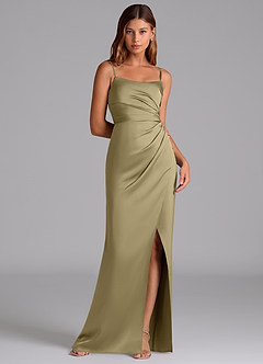 Azazie Calandra Bridesmaid Dresses Moss Green A-Line Pleated Stretch Satin Dress image1